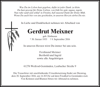 Traueranzeige von Gerdrut Meixner von  Usinger Anzeiger