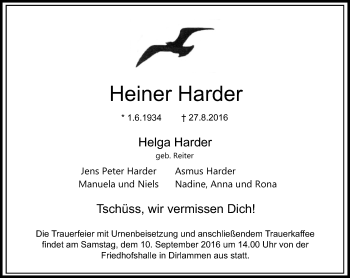 Traueranzeige von Heiner Harder von VRM Trauer