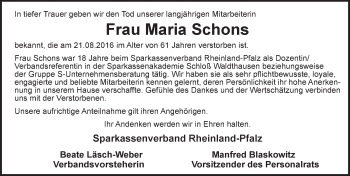 Traueranzeige von Maria Schons von Trauerportal Rhein Main Presse