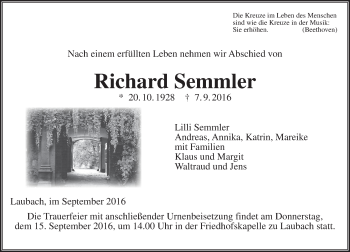 Traueranzeige von Richard Semmler von  Gießener Anzeiger