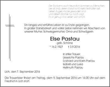 Traueranzeige von Else Pastau von  Gießener Anzeiger