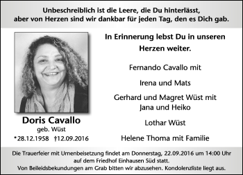 Traueranzeige von Doris Cavallo von Trauerportal Echo Online