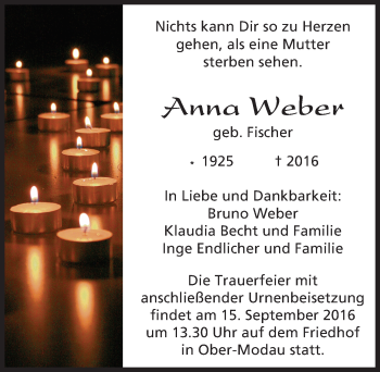 Traueranzeige von Anna Weber von Trauerportal Echo Online