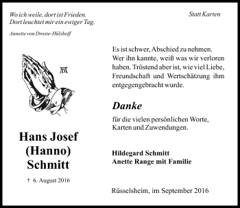 Traueranzeige von Hans Josef Schmitt von Trauerportal Rhein Main Presse