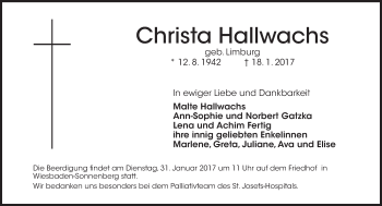 Traueranzeige von Christa Hallwachs von Trauerportal Rhein Main Presse Traueranzeige von Christa Hallwachs von Trauerportal Rhein Main Presse