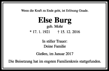 Traueranzeige von Else Burg von  Gießener Anzeiger