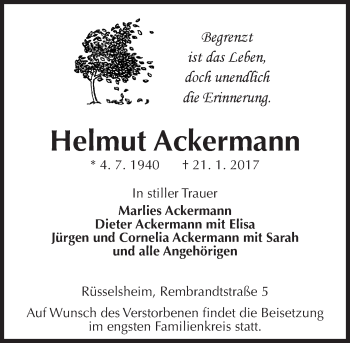 Traueranzeige von Helmut Ackermann von Trauerportal Rhein Main Presse
