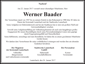 Traueranzeige von Werner Baader von VRM Trauer