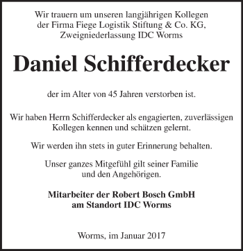 Traueranzeige von Daniel Schifferdecker von Trauerportal Rhein Main Presse