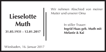 Traueranzeige von Lieselotte Muth von Trauerportal Rhein Main Presse