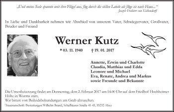 Traueranzeige von Werner Kutz von Trauerportal Rhein Main Presse