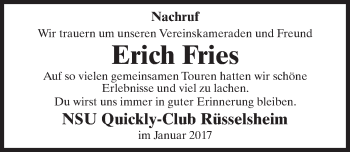 Traueranzeige von Erich Fries von Trauerportal Rhein Main Presse