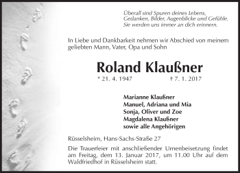 Traueranzeige von Roland Klaußner von Trauerportal Rhein Main Presse