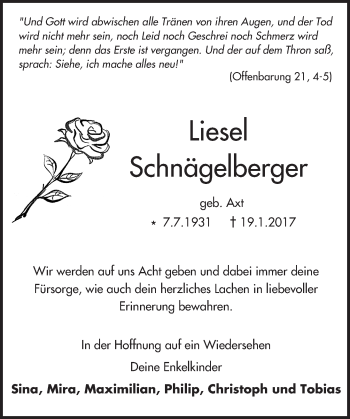Traueranzeige von Liesel Schnägelberger von Trauerportal Echo Online