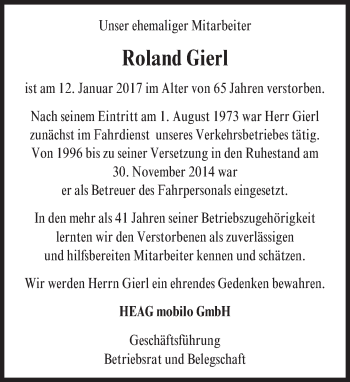 Traueranzeige von Roland Gierl von Trauerportal Echo Online