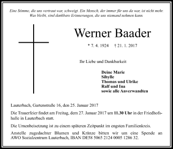 Traueranzeige von Werner Baader von VRM Trauer