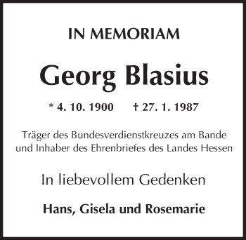 Traueranzeige von Georg Blasius von Trauerportal Rhein Main Presse