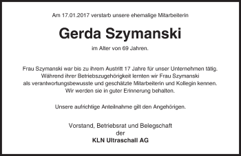 Traueranzeige von Gerda Szymanski von Trauerportal Echo Online