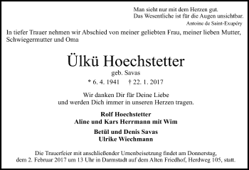 Traueranzeige von Ülkü Hoechstetter von Trauerportal Echo Online
