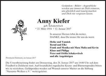 Traueranzeige von Anny Kiefer von Trauerportal Rhein Main Presse