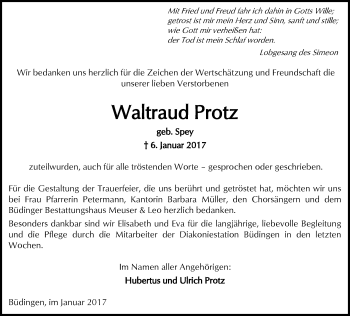 Traueranzeige von Waltraud Protz von  Kreisanzeiger