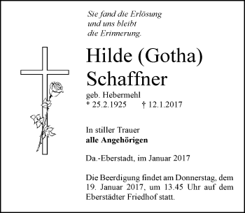 Traueranzeige von Hilde Schaffner von Trauerportal Echo Online