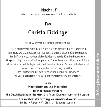 Traueranzeige von Christa Fickinger von Trauerportal Rhein Main Presse