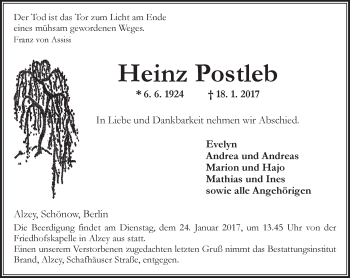 Traueranzeige von Heinz Postleb von Trauerportal Rhein Main Presse