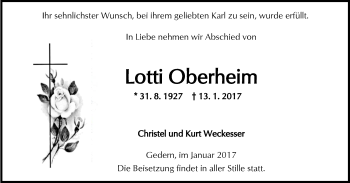 Traueranzeige von Lotti Oberheim von  Kreisanzeiger