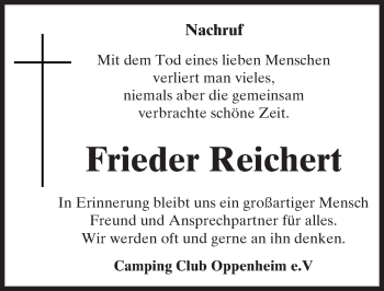 Traueranzeige von Frieder Reichert von Trauerportal Rhein Main Presse