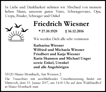Traueranzeige von Friedrich Wiesner von Trauerportal Rhein Main Presse