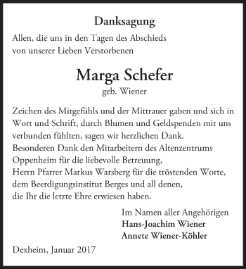 Traueranzeige von Marga Schefer von Trauerportal Rhein Main Presse
