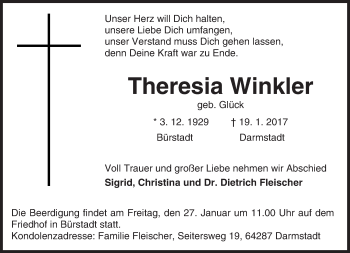 Traueranzeige von Theresia Winkler von Trauerportal Echo Online