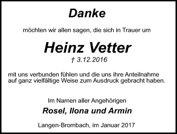 Traueranzeige von Heinz Vetter von Trauerportal Echo Online