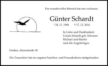 Traueranzeige von Günter Schardt von  Gießener Anzeiger