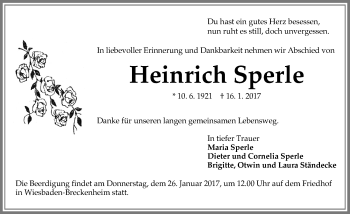 Traueranzeige von Heinrich Sperle von Trauerportal Rhein Main Presse
