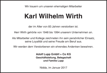 Traueranzeige von Karl Wilhelm Wirth von  Kreisanzeiger