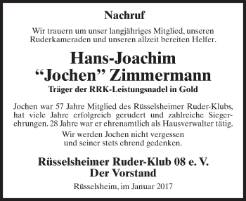 Traueranzeige von Hans-Joachim Zimmermann von Trauerportal Rhein Main Presse