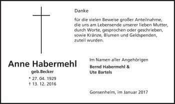Traueranzeige von Anne Habermehl von Trauerportal Rhein Main Presse