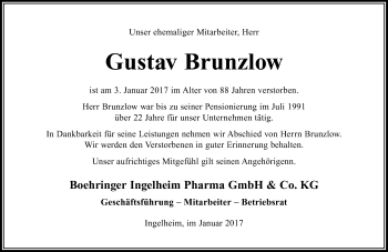 Traueranzeige von Gustav Brunzlow von Trauerportal Rhein Main Presse