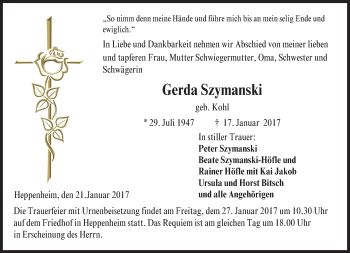 Traueranzeige von Gerda Szymanski von Trauerportal Echo Online