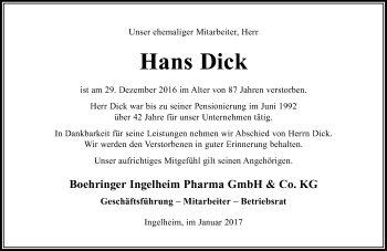 Traueranzeige von Hans Dick von Trauerportal Rhein Main Presse