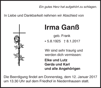 Traueranzeige von Irma Ganß von Trauerportal Echo Online