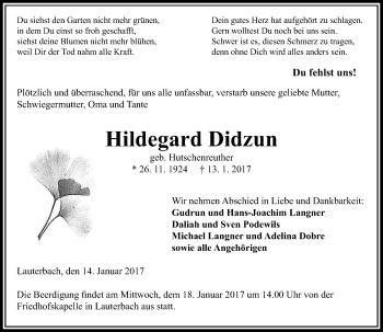 Traueranzeige von Hildegard Didzun von VRM Trauer