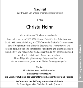 Traueranzeige von Christa Heinn von Trauerportal Rhein Main Presse