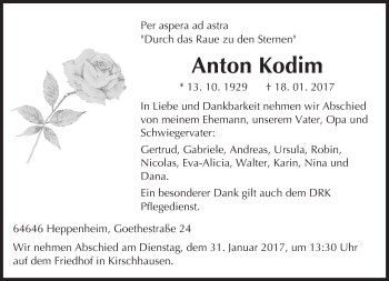Traueranzeige von Anton Kodim von Trauerportal Echo Online