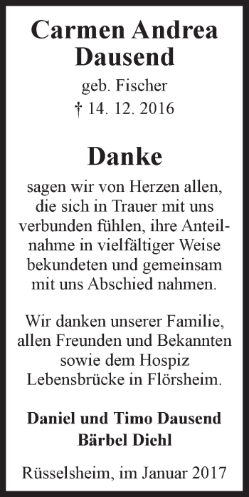 Traueranzeige von Carmen Andrea Dausend von Trauerportal Rhein Main Presse