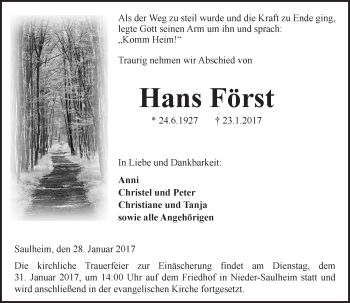 Traueranzeige von Hans Först von Trauerportal Rhein Main Presse