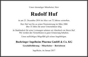 Traueranzeige von Rudolf Huf von Trauerportal Rhein Main Presse