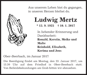 Traueranzeige von Ludwig Mertz von Trauerportal Echo Online